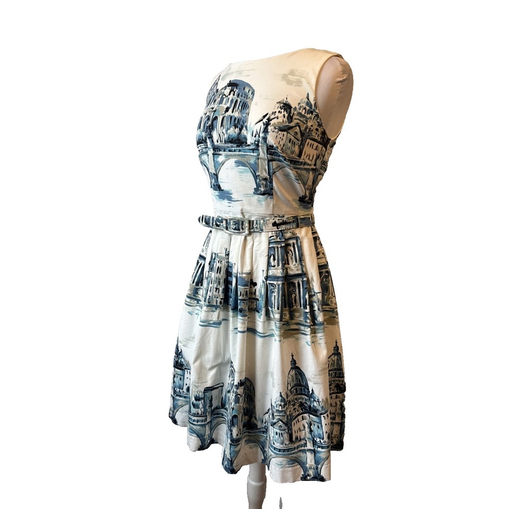 Talbots Painterly Scenic Rome Fit & Flare Dress 2 Pockets Belted  Brunch Artsy - Picture 4 of 12